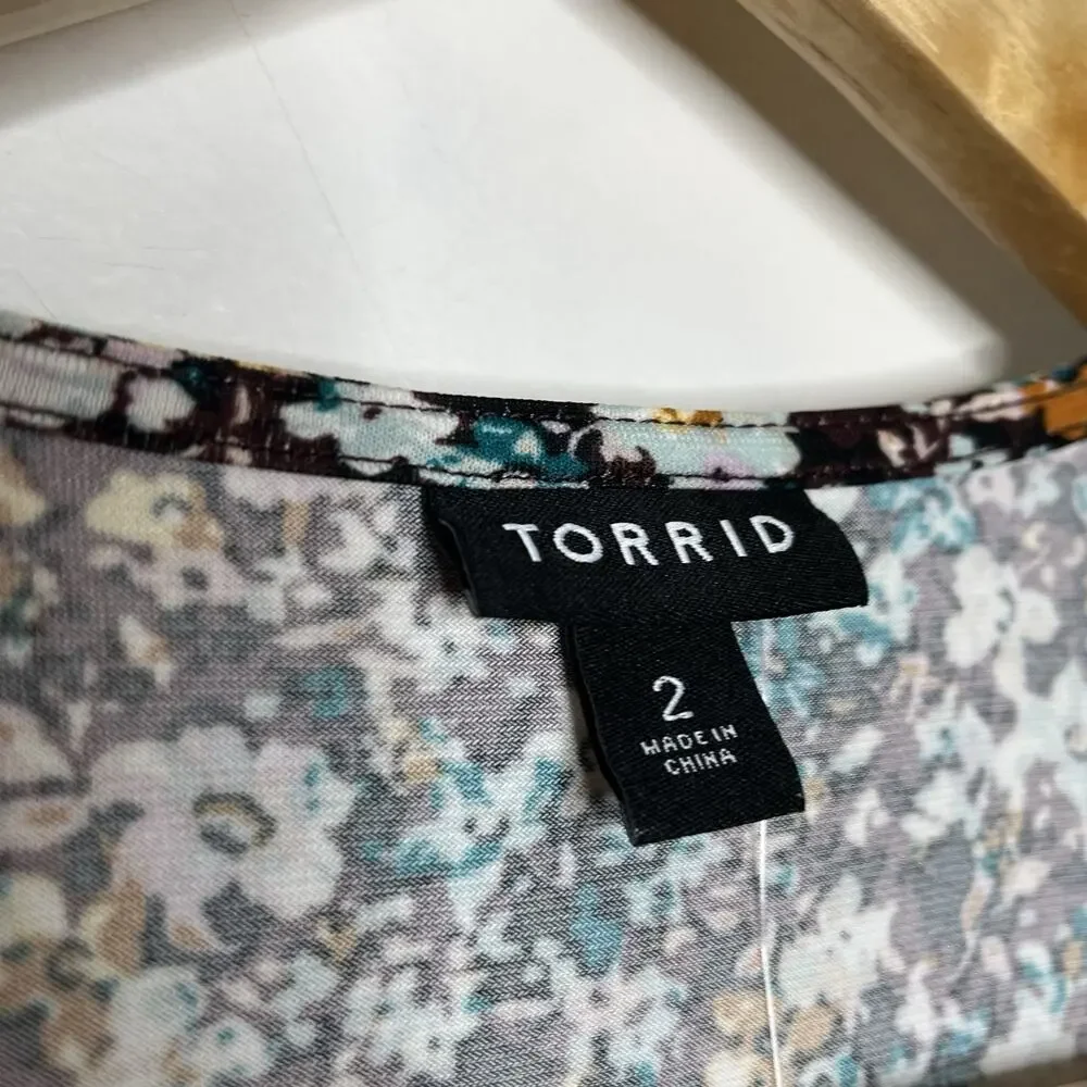 Torrid Floral Print Tiered Faux Wrap Dress Burgundy Womens 2X Wedding Guest